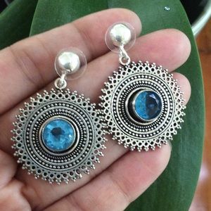 Boho London Blue Topaz Round Filigree Dangle Earrings 925